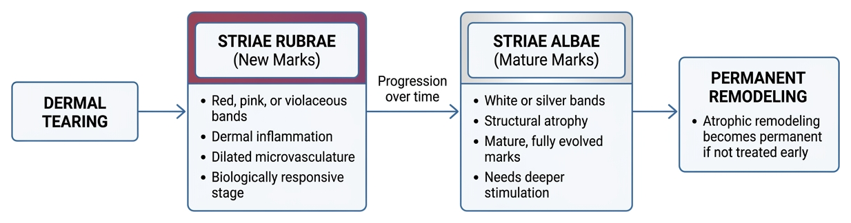 Diagram of striae distensae progression from rubrae to albae