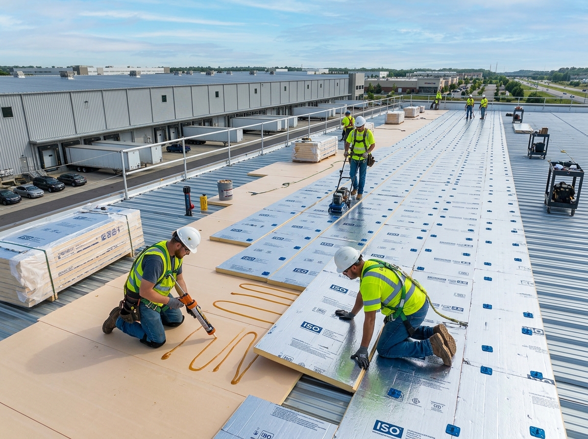 commercial polyiso roof installation - multi layer panel insulation