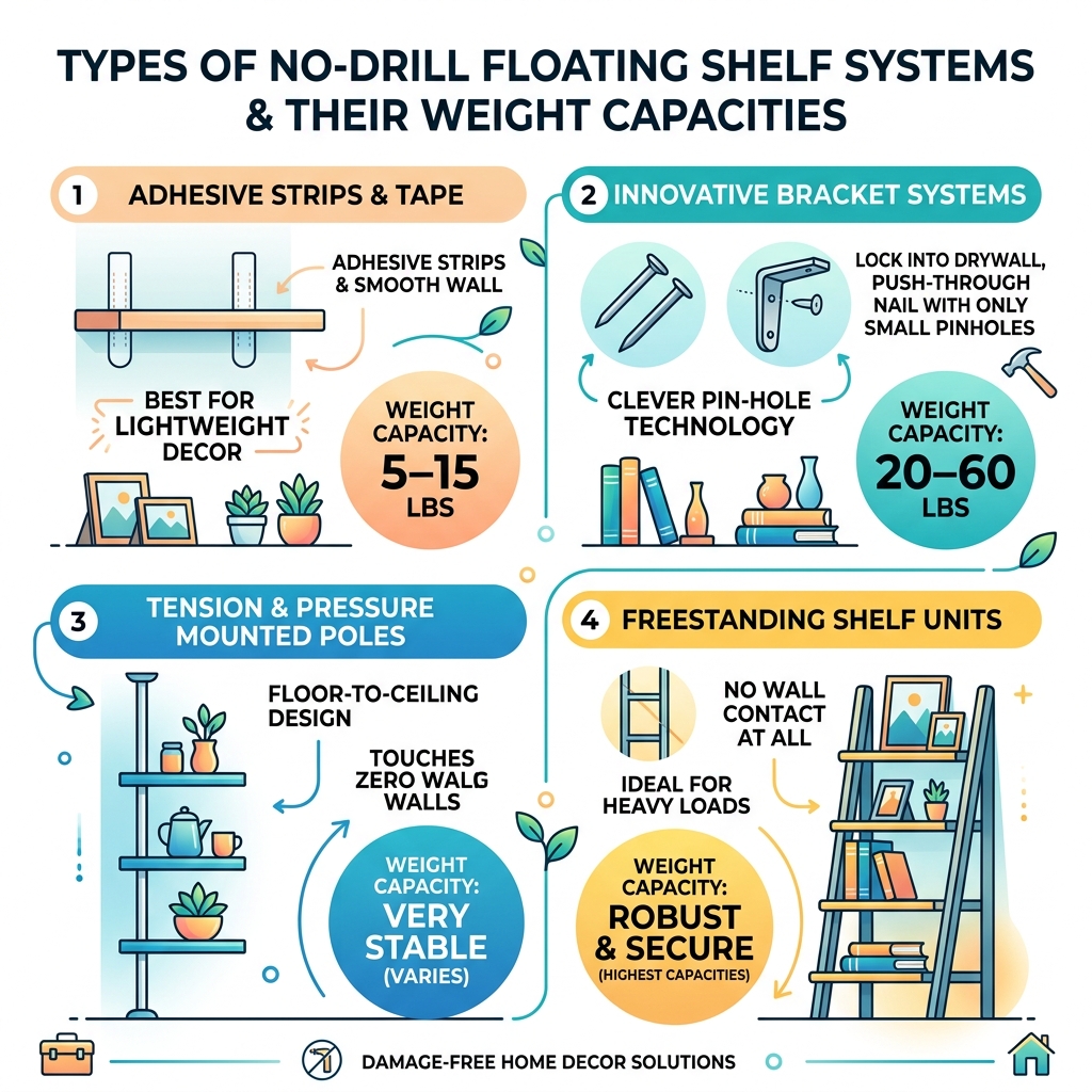 Types of no-drill floating shelf systems and their weight capacities - floating shelves no holes infographic 