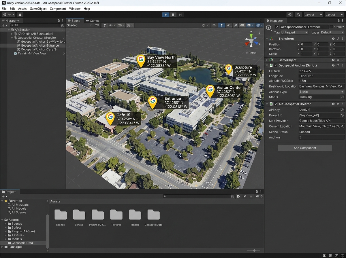 Unity Editor showing Geospatial Creator and 3D terrain - location based augmented reality unity