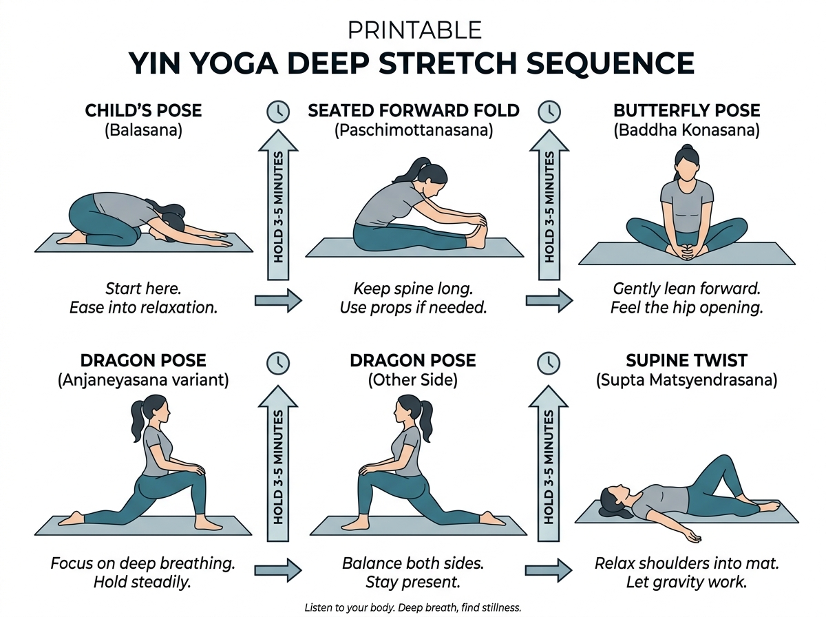 Printable deep stretch yoga sequence diagram with pose illustrations and timing - deep stretch yoga sequence pdf