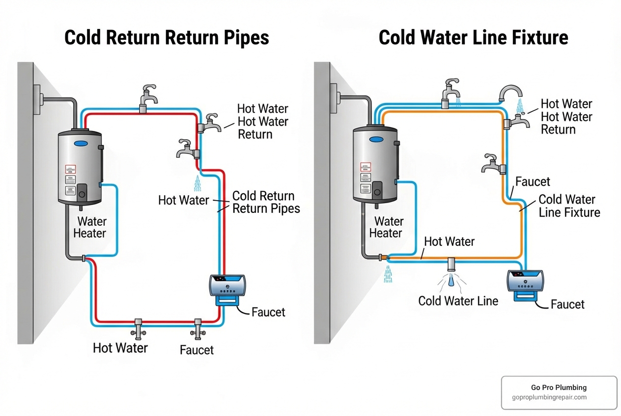 Diagram showing a dedicated return line loop vs. a crossover system using the cold water line - hot water heater recirculation pump Diagram showing a dedicated return line loop vs. a crossover system using the cold water line - hot water heater recirculation pump
