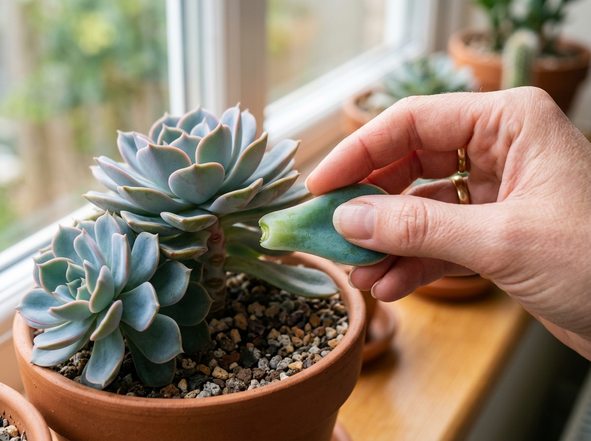 a hand performing a clean leaf pull from an Echeveria - replanting succulent leaves