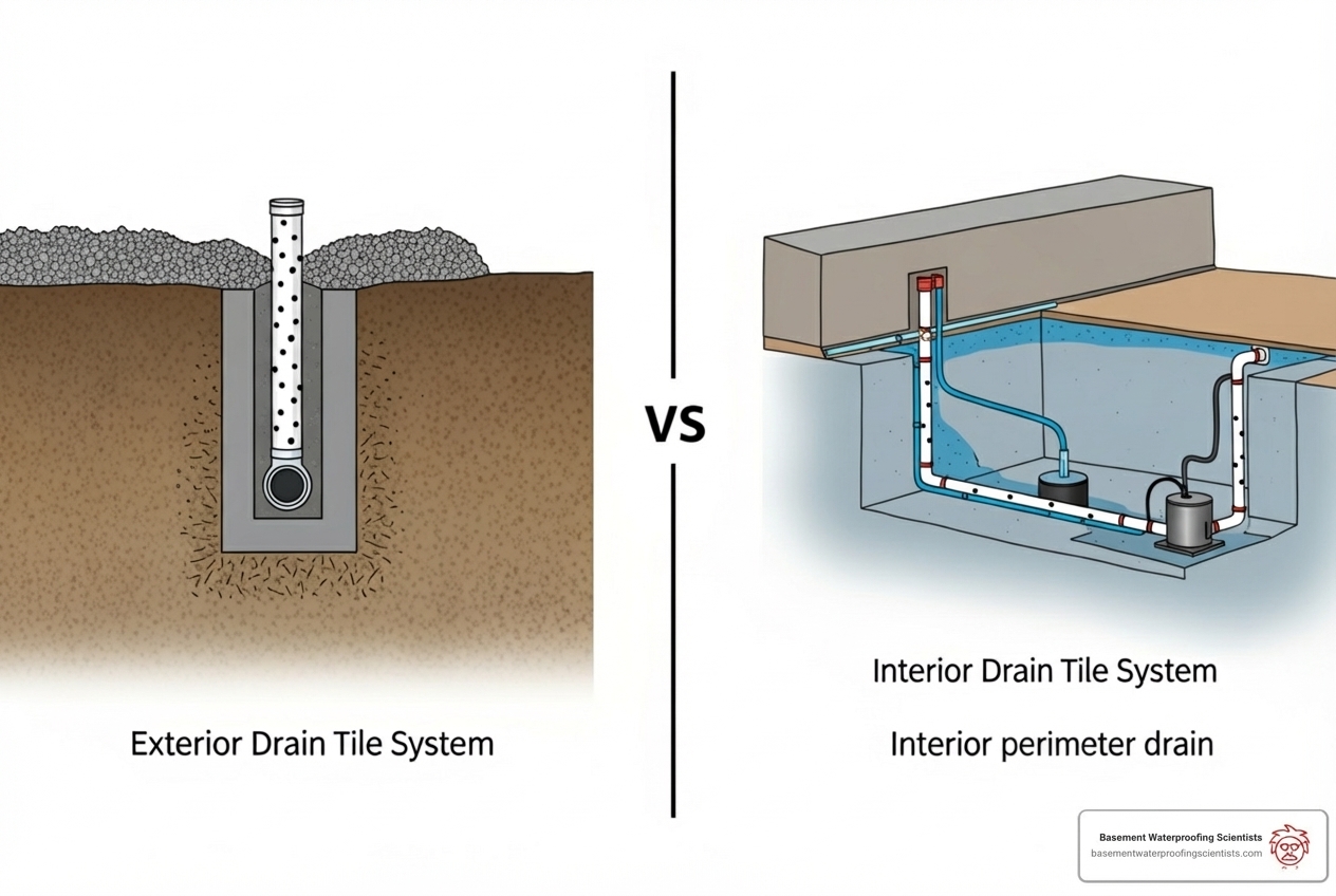 comparison of interior and exterior drain tile system installation - basement tile system comparison of interior and exterior drain tile system installation - basement tile system