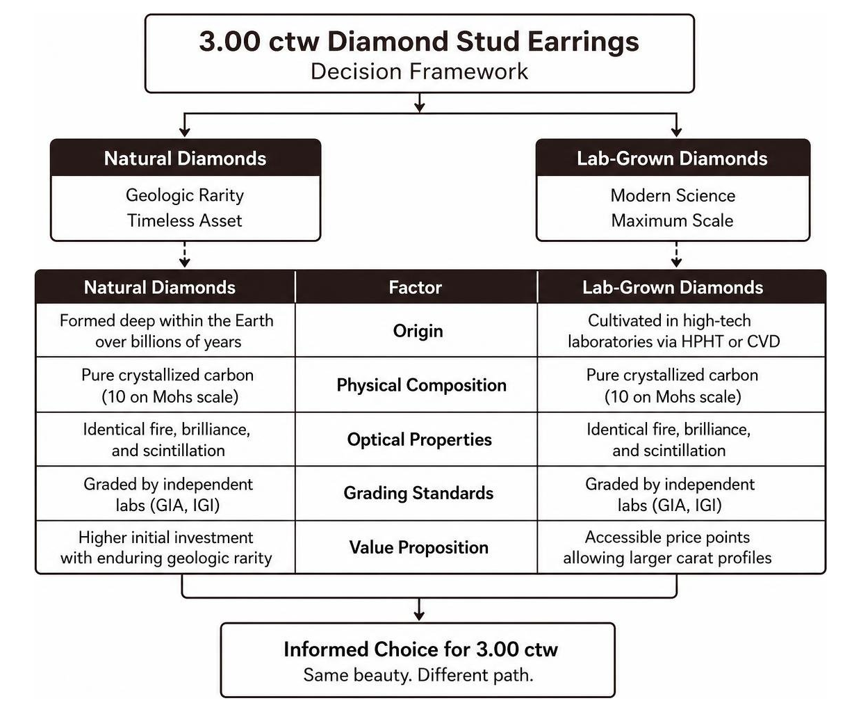 Decision framework comparing natural rarity versus lab-grown scale Decision framework comparing natural rarity versus lab-grown scale
