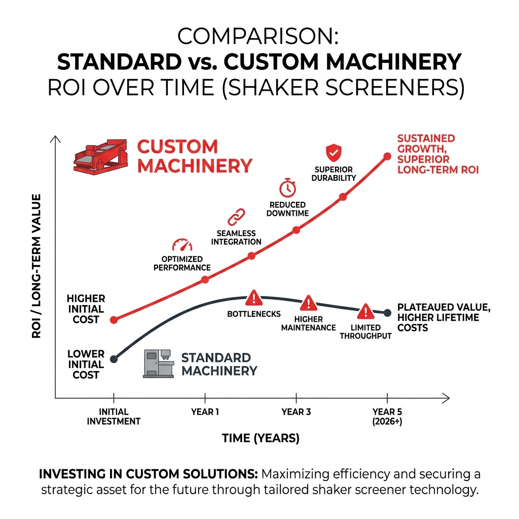 Comparison between standard vs. custom machinery ROI over time - shaker screener infographic