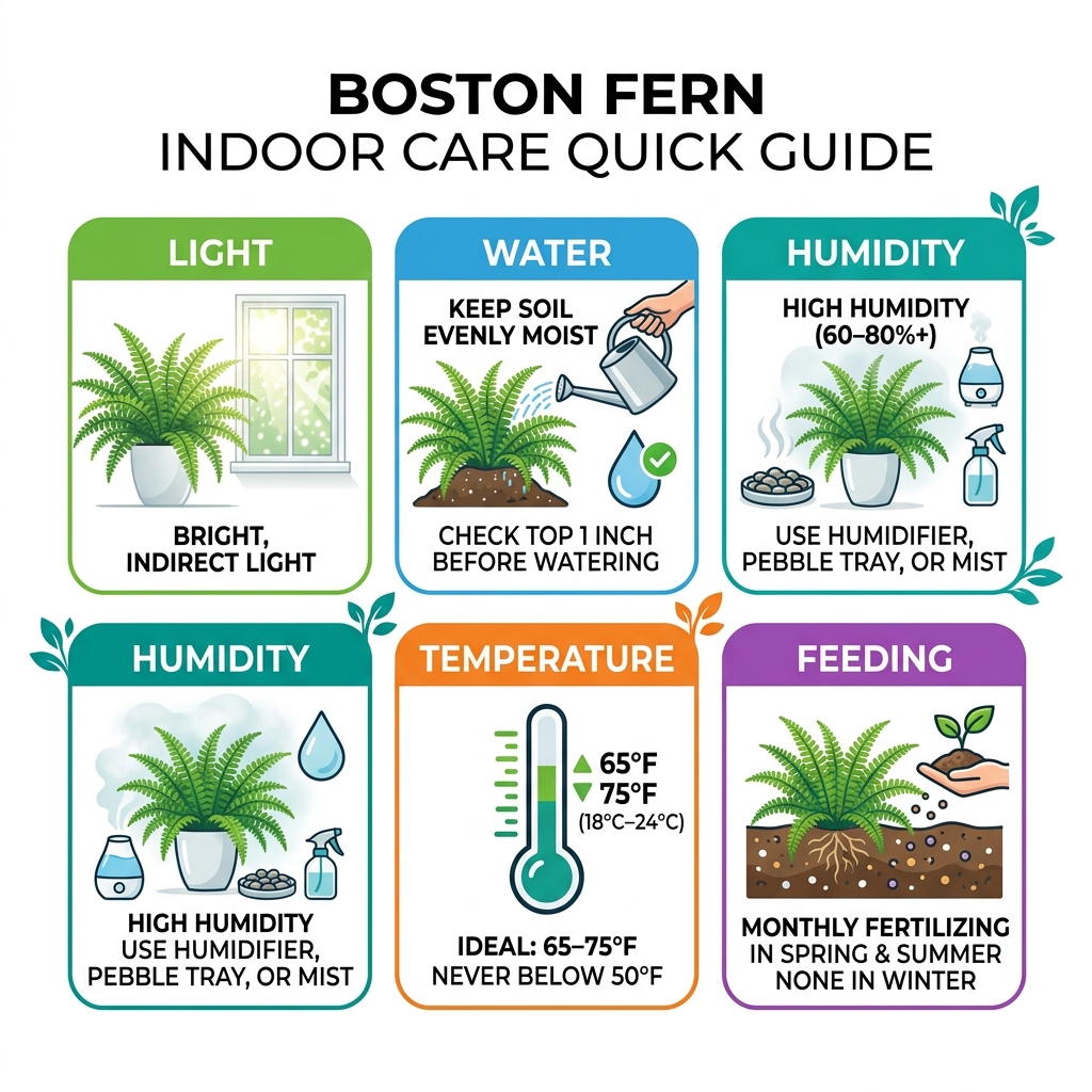 Boston fern indoor care quick guide infographic: light, water, humidity, temperature, feeding - boston fern indoors