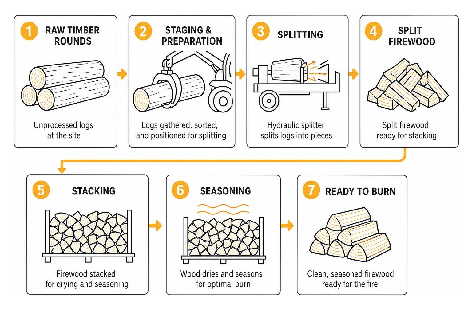 Workflow from raw timber rounds to split firewood Workflow from raw timber rounds to split firewood