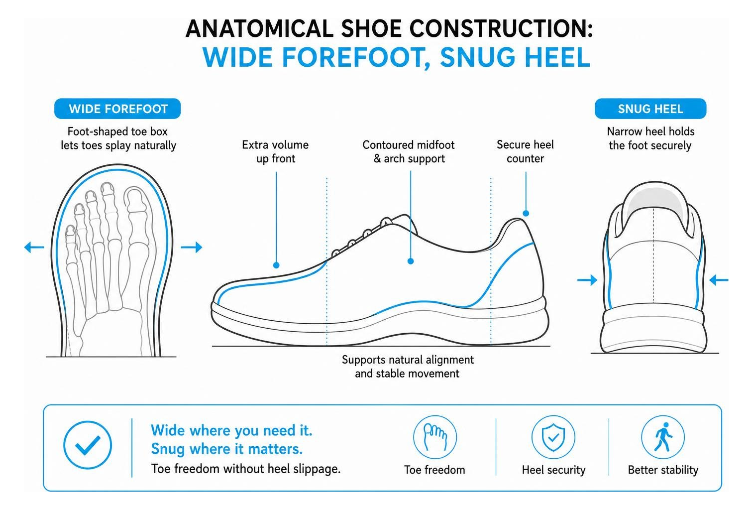 Diagram showing anatomical shoe construction with wide forefoot and snug heel Diagram showing anatomical shoe construction with wide forefoot and snug heel