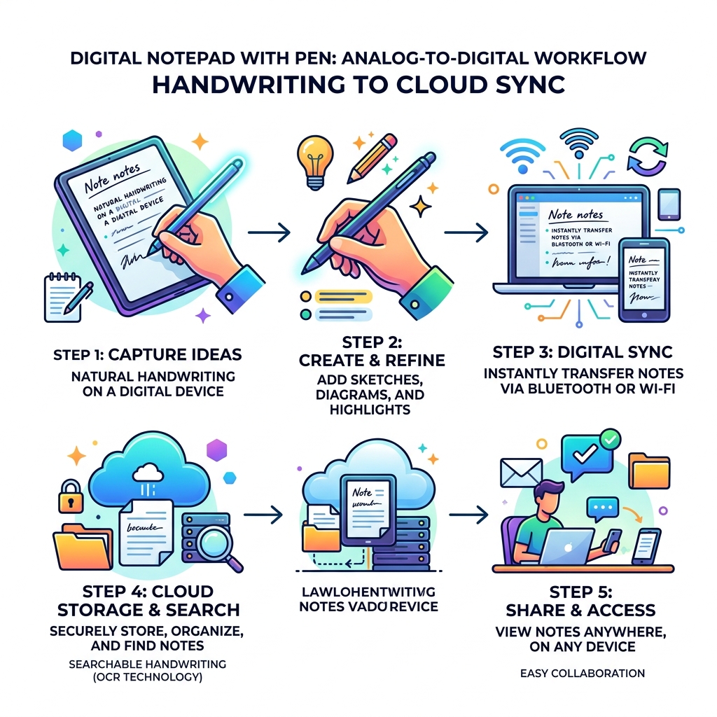 Infographic: analog-to-digital note-taking workflow from handwriting to cloud sync - digital notepad with pen infographic 