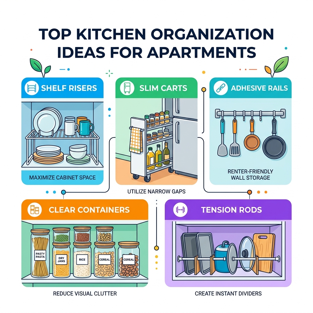Infographic showing top kitchen organization ideas for apartments: shelf risers, slim carts, adhesive rails, clear