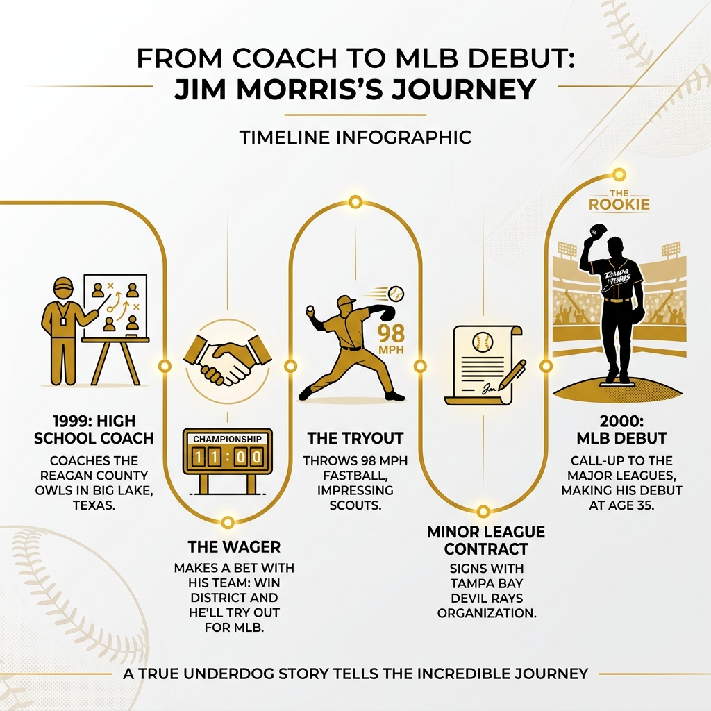Timeline infographic from Jim Morris high school coach to MLB debut in The Rookie 2002 - the baseball movie the rookie