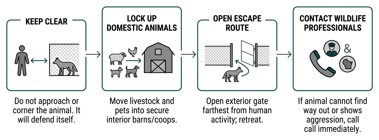 Protocol steps for safely handling a trapped coyote in an enclosure Protocol steps for safely handling a trapped coyote in an enclosure