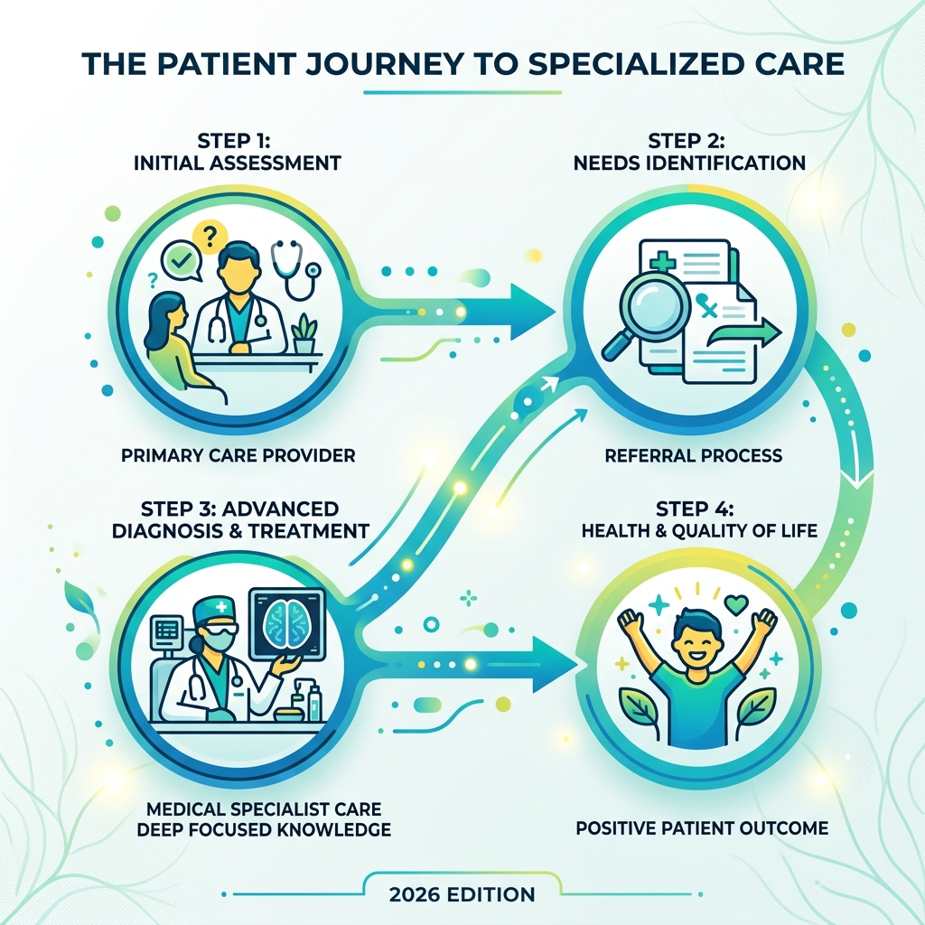 patient journey from primary care to specialist intervention - medical specialists and patient care infographic 