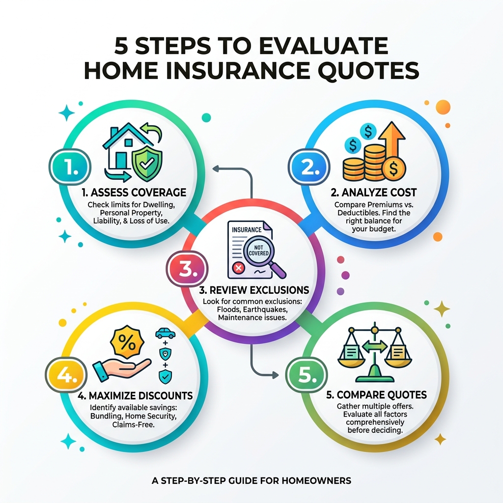 5-step process infographic showing how to evaluate home insurance quotes by coverage, cost, exclusions, discounts, and
