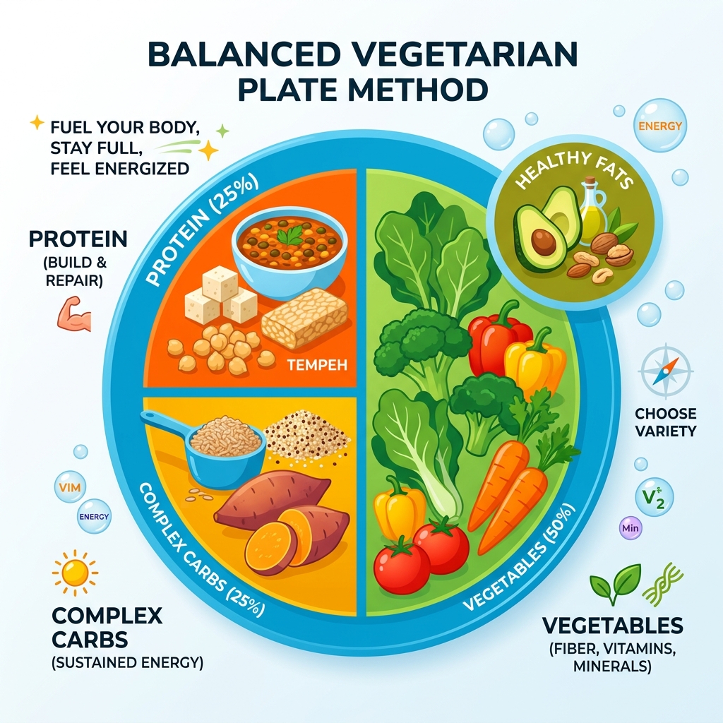 Balanced plate method infographic for vegetarians showing protein, carbs, fats, and fiber portions - balanced vegetarian Balanced plate method infographic for vegetarians showing protein, carbs, fats, and fiber portions - balanced vegetarian
