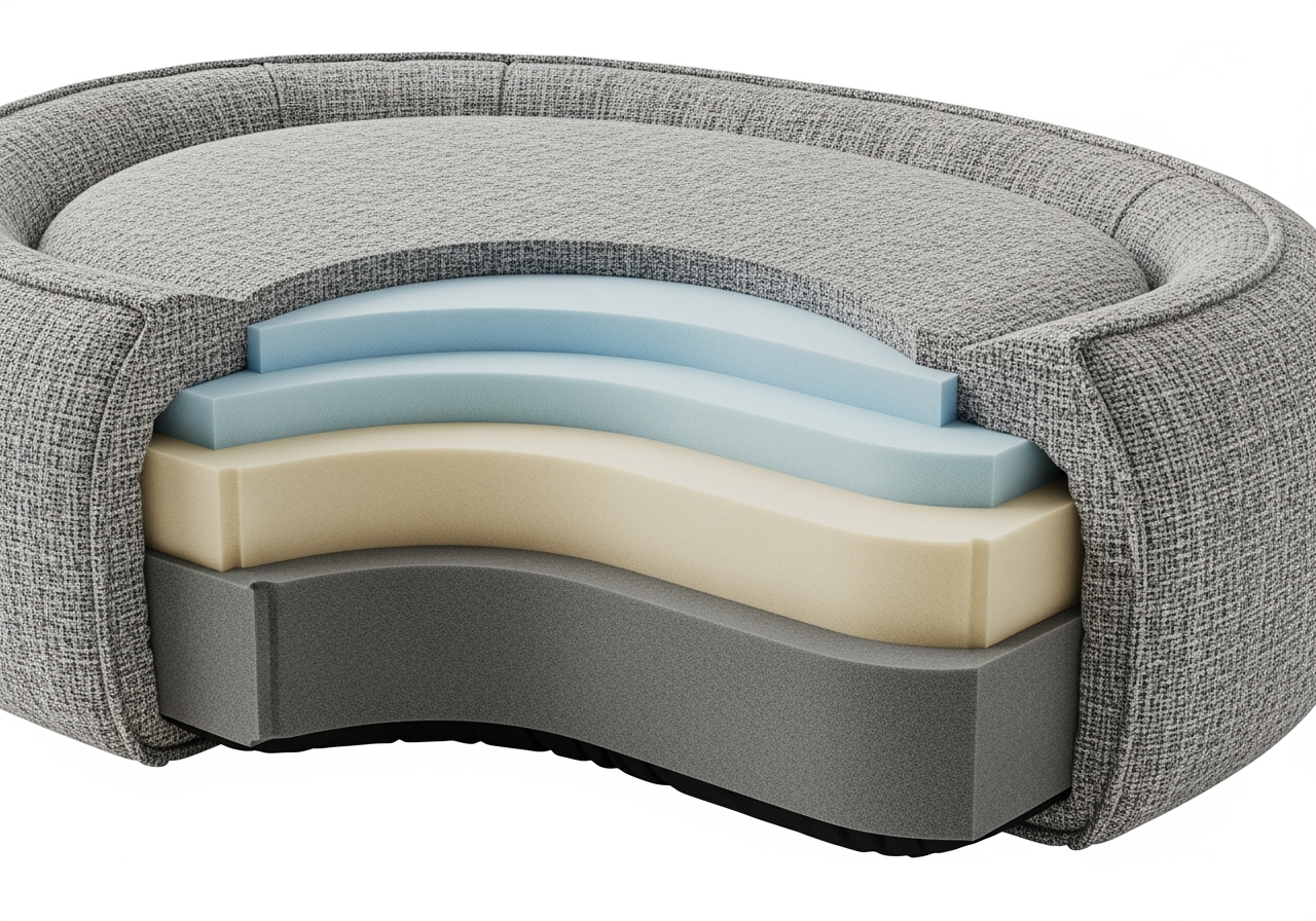 cutaway view showing orthopedic foam layers - snuggly dog bed