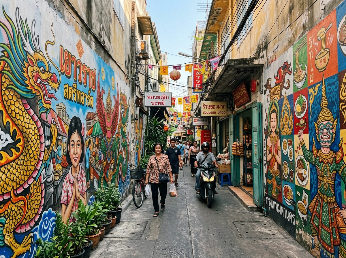 Bangkok Chinatown street art colorful alley murals - street art solo Asia