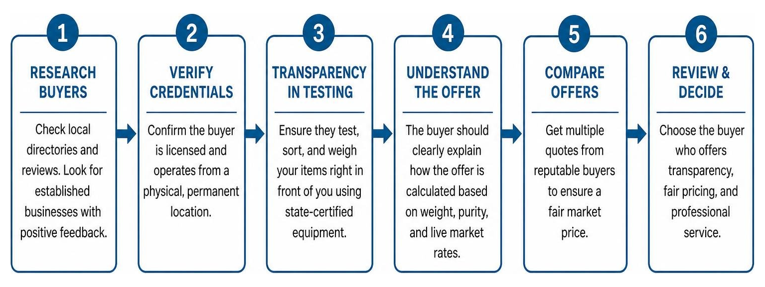 Diagram of the steps to evaluate a local gold buyer Diagram of the steps to evaluate a local gold buyer