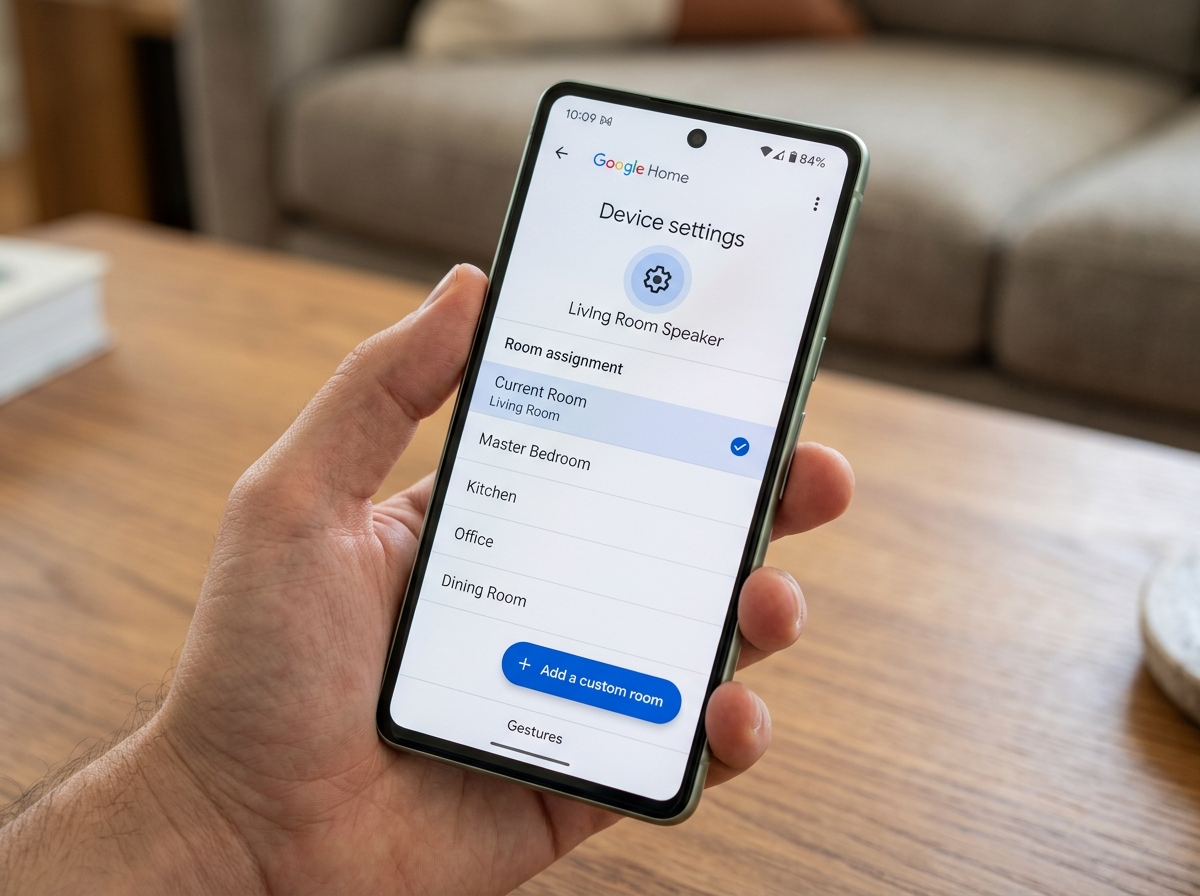 Google Home app device settings screen showing room assignment options - google home create light group Google Home app device settings screen showing room assignment options - google home create light group