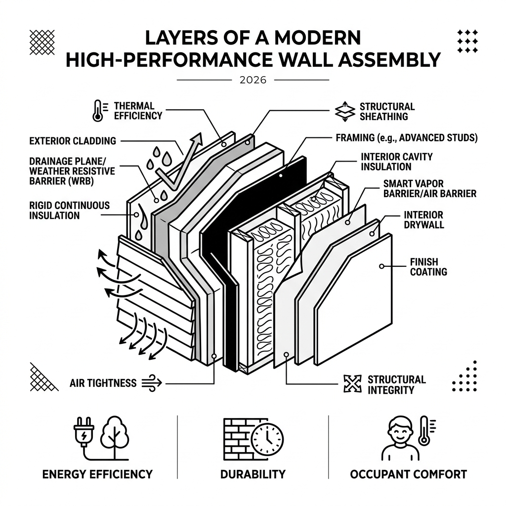 layers of a modern high-performance wall assembly - structural construction and insulation infographic