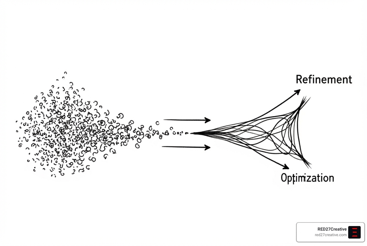 A graph illustrating the optimization process, showing initial high Cost Per Lead (CPL) gradually decreasing over time as campaign optimizations (like A/B testing, keyword refinement, and bid adjustments) are implemented, leading to a more efficient and profitable campaign. - PPC & Paid Lead Generation A graph illustrating the optimization process, showing initial high Cost Per Lead (CPL) gradually decreasing over time as campaign optimizations (like A/B testing, keyword refinement, and bid adjustments) are implemented, leading to a more efficient and profitable campaign. - PPC & Paid Lead Generation