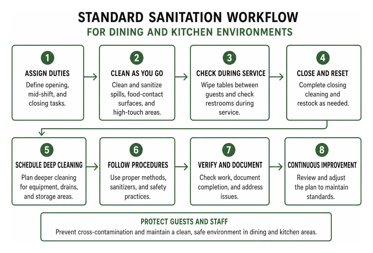 Standard sanitation workflow for dining and kitchen environments Standard sanitation workflow for dining and kitchen environments