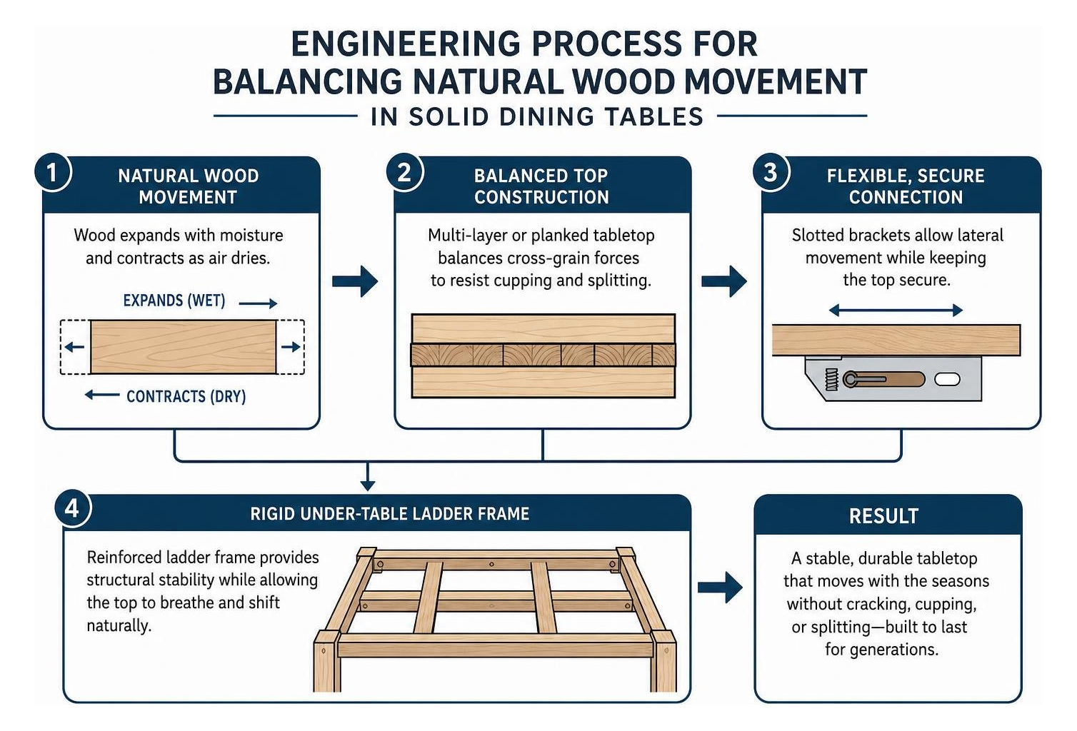 Engineering process for balancing natural wood movement in solid dining tables Engineering process for balancing natural wood movement in solid dining tables
