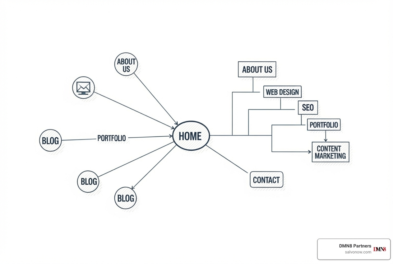 diagram showing the key pages of a law firm website and how they interlink - law firm website design