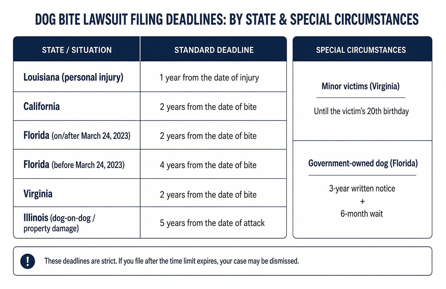 infographic showing dog bite lawsuit filing deadlines by state and special circumstances infographic showing dog bite lawsuit filing deadlines by state and special circumstances