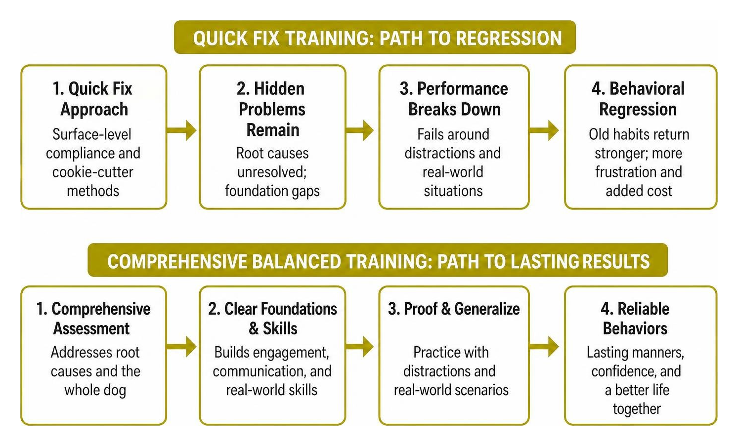 Diagram showing how quick fix training leads to behavioral regression versus comprehensive balanced training Diagram showing how quick fix training leads to behavioral regression versus comprehensive balanced training