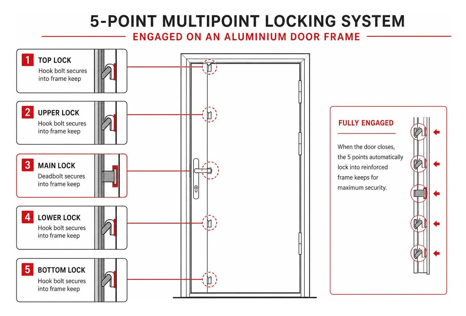 5-point multipoint locking system mechanism engaged on an aluminium door frame 5-point multipoint locking system mechanism engaged on an aluminium door frame
