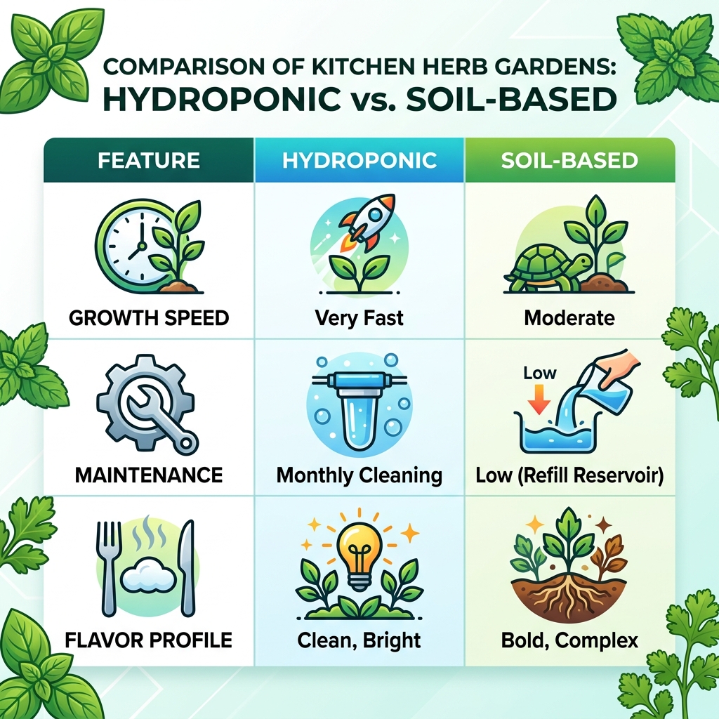 Comparison table of hydroponic vs soil-based herb gardens - best kitchen herb garden infographic Comparison table of hydroponic vs soil-based herb gardens - best kitchen herb garden infographic