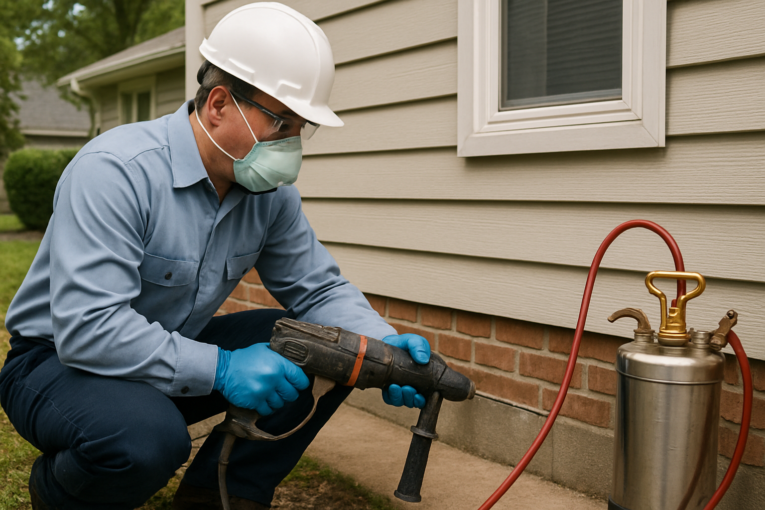 Termite technician drilling foundation for treatment application - best termite company