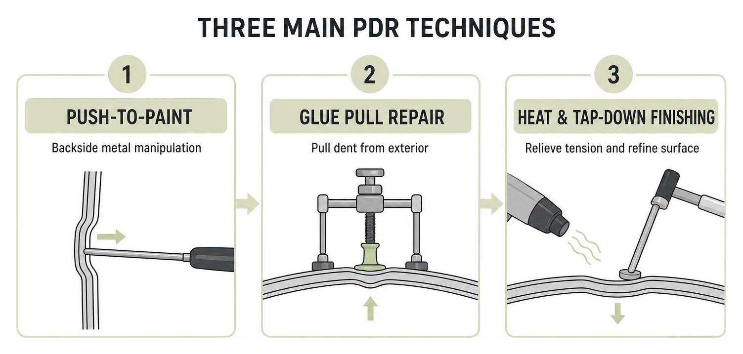 Diagram showing the three main PDR techniques push to paint glue pull repair and heat tap down finishing Diagram Showing The Three Main Pdr Techniques Push To Paint Glue Pull Repair And Heat Tap Down Finishing