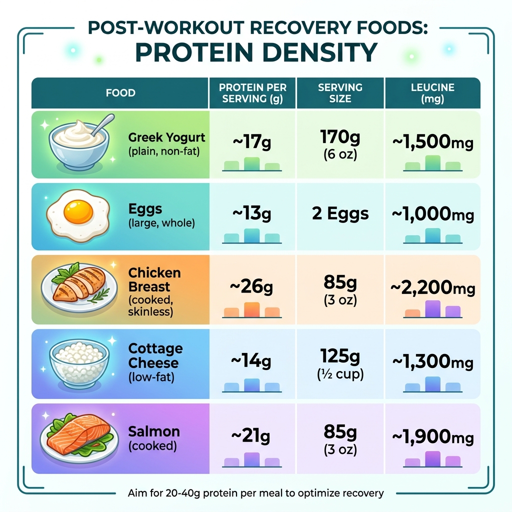 Table comparing protein density in common recovery foods like Greek yogurt, eggs, and chicken - best recovery food after