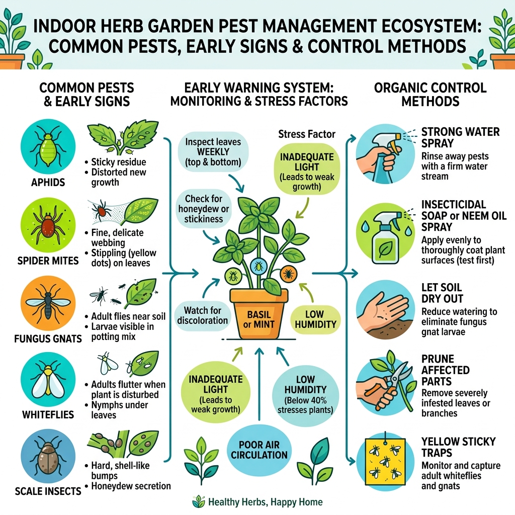 Indoor herb garden pest management ecosystem infographic showing common pests, early warning signs, and control methods Indoor herb garden pest management ecosystem infographic showing common pests, early warning signs, and control methods