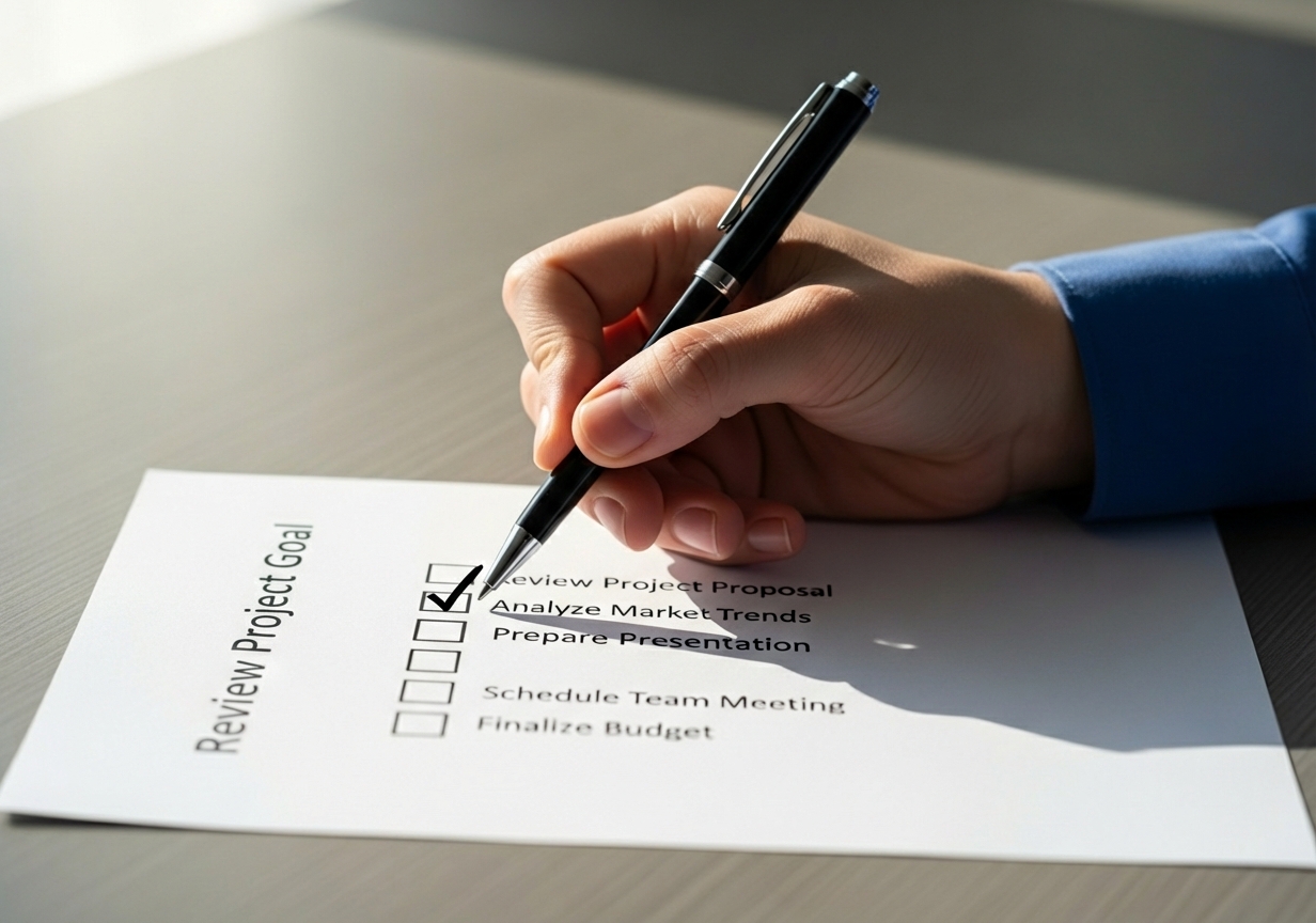 Checklist for choosing a pay-per-call network - pay per call companies Hand checking off "Analyze Market Trends" on a project goal checklist, symbolizing strategic planning for pay-per-call companies.