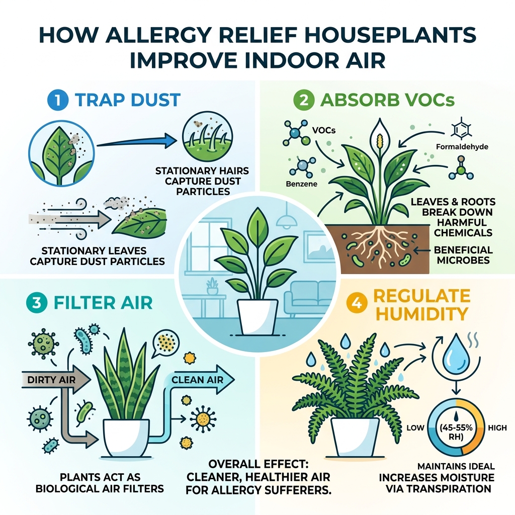 Infographic showing how allergy relief houseplants filter air, trap dust, absorb VOCs, and regulate humidity indoors
