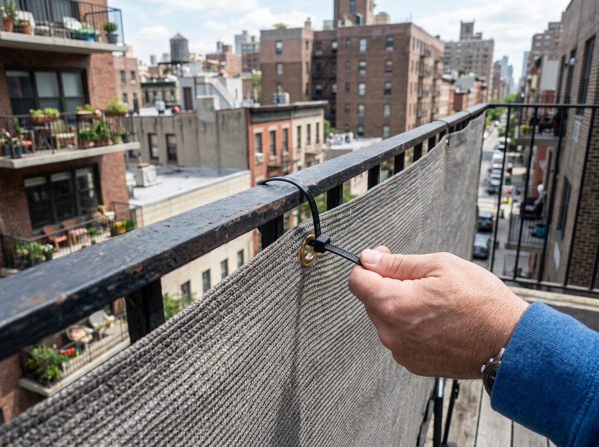 zip tie installation on a metal railing - balcony privacy screen apartment railing