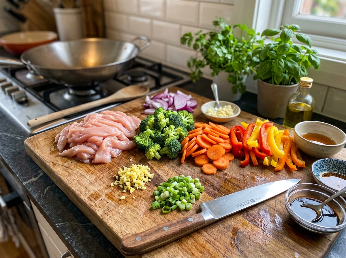 fresh vibrant stir fry ingredients including sliced chicken breast broccoli carrots and bell peppers - chicken and vegetable