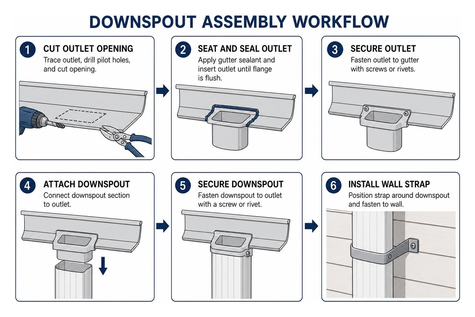 diagram of downspout assembly workflow from outlet cut to wall strap installation diagram of downspout assembly workflow from outlet cut to wall strap installation
