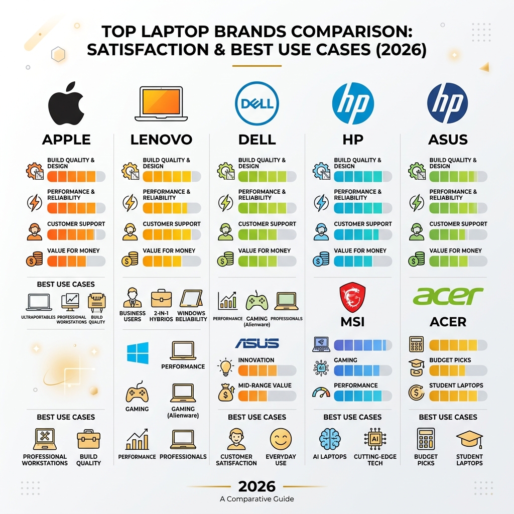 infographic comparing top laptop brands by category satisfaction scores and best use cases 2026 - best laptop brands