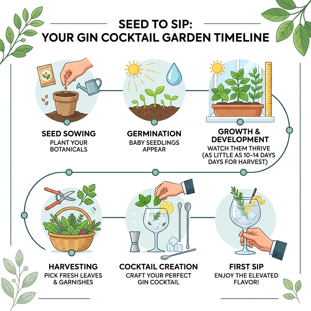 Timeline infographic from seed sowing to first gin cocktail pour with key milestones - gin cocktail garden kit infographic Timeline infographic from seed sowing to first gin cocktail pour with key milestones - gin cocktail garden kit infographic