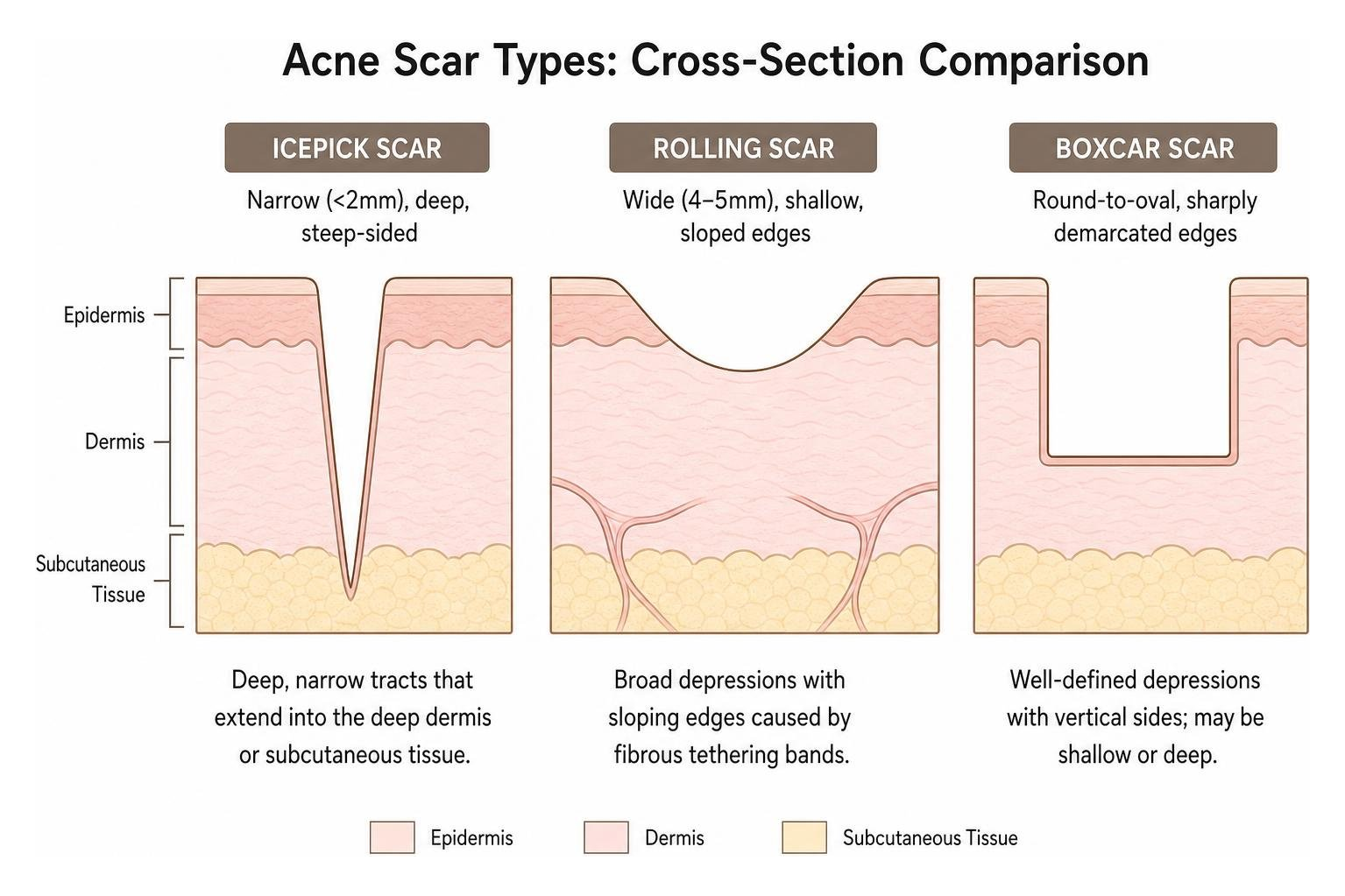 diagram showing cross section of icepick rolling and boxcar acne scar shapes
