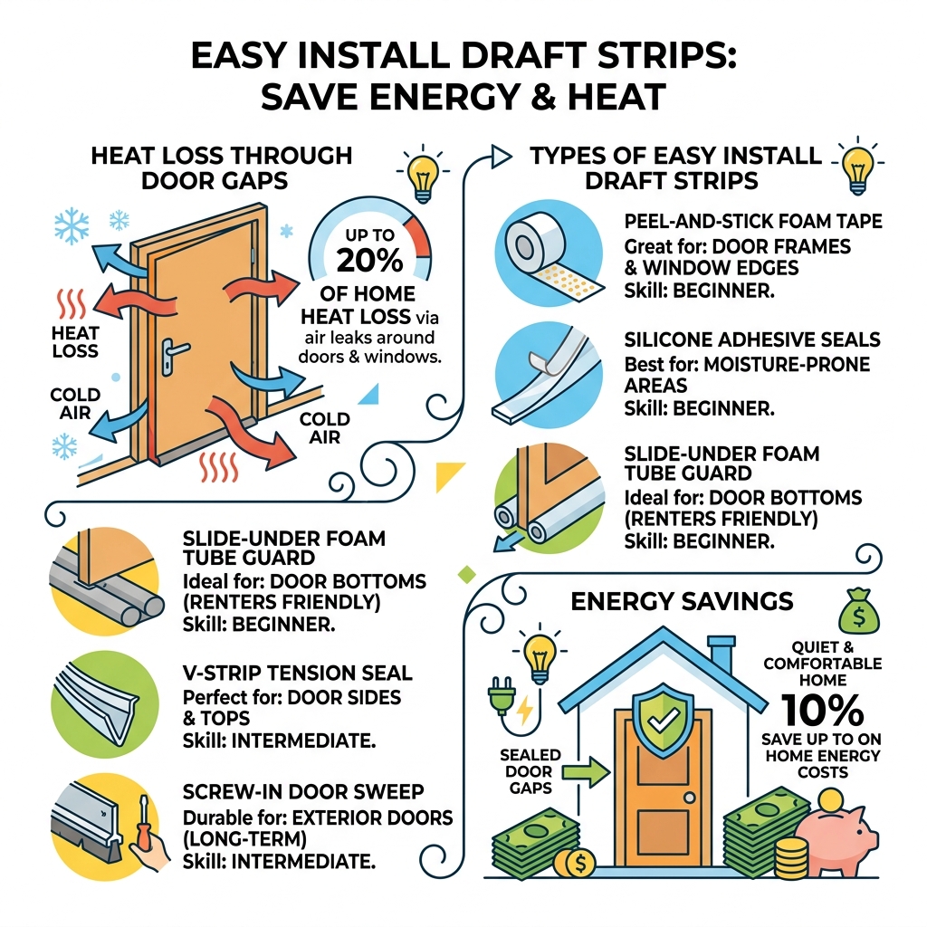 types of draft strips, heat loss through door gaps, energy savings infographic - easy install draft strips infographic types of draft strips, heat loss through door gaps, energy savings infographic - easy install draft strips infographic