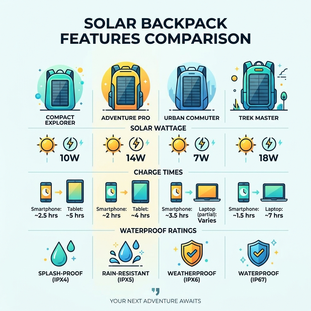 solar backpack features comparison infographic showing wattage, charge times, and waterproof ratings - solar backpack amazon