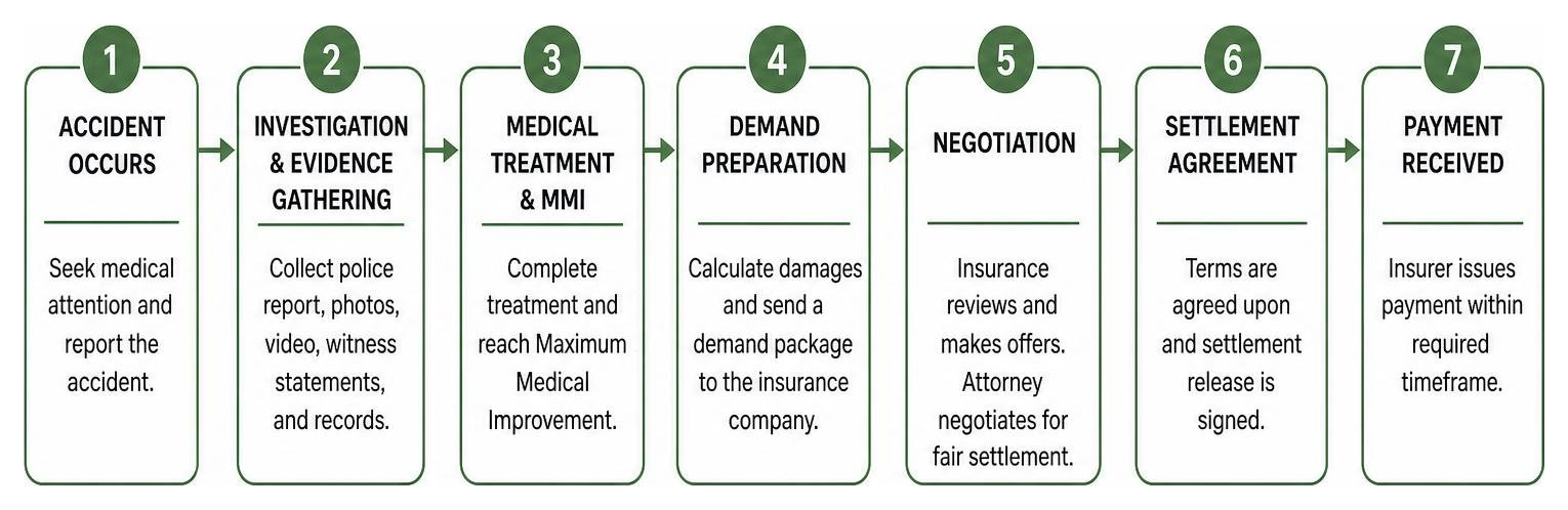 Step-by-step process diagram of a car accident settlement pipeline