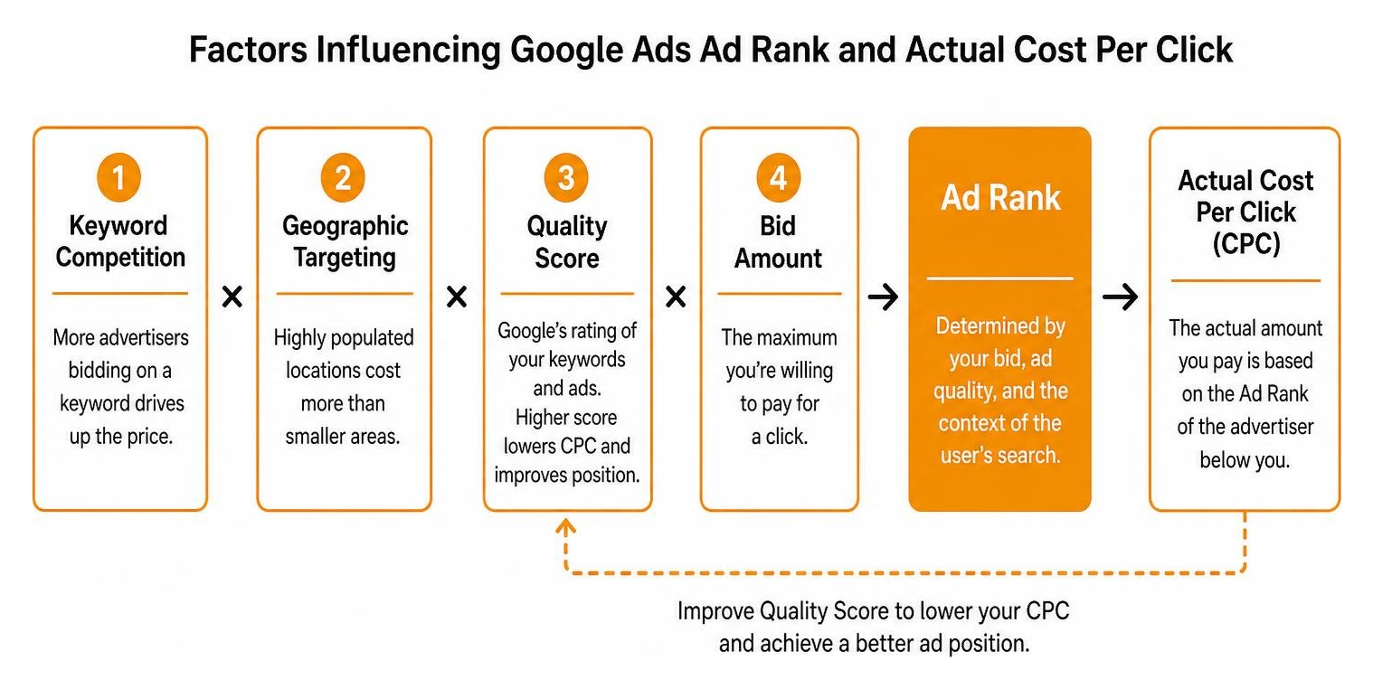 Factors influencing Google Ads ad rank and actual cost per click