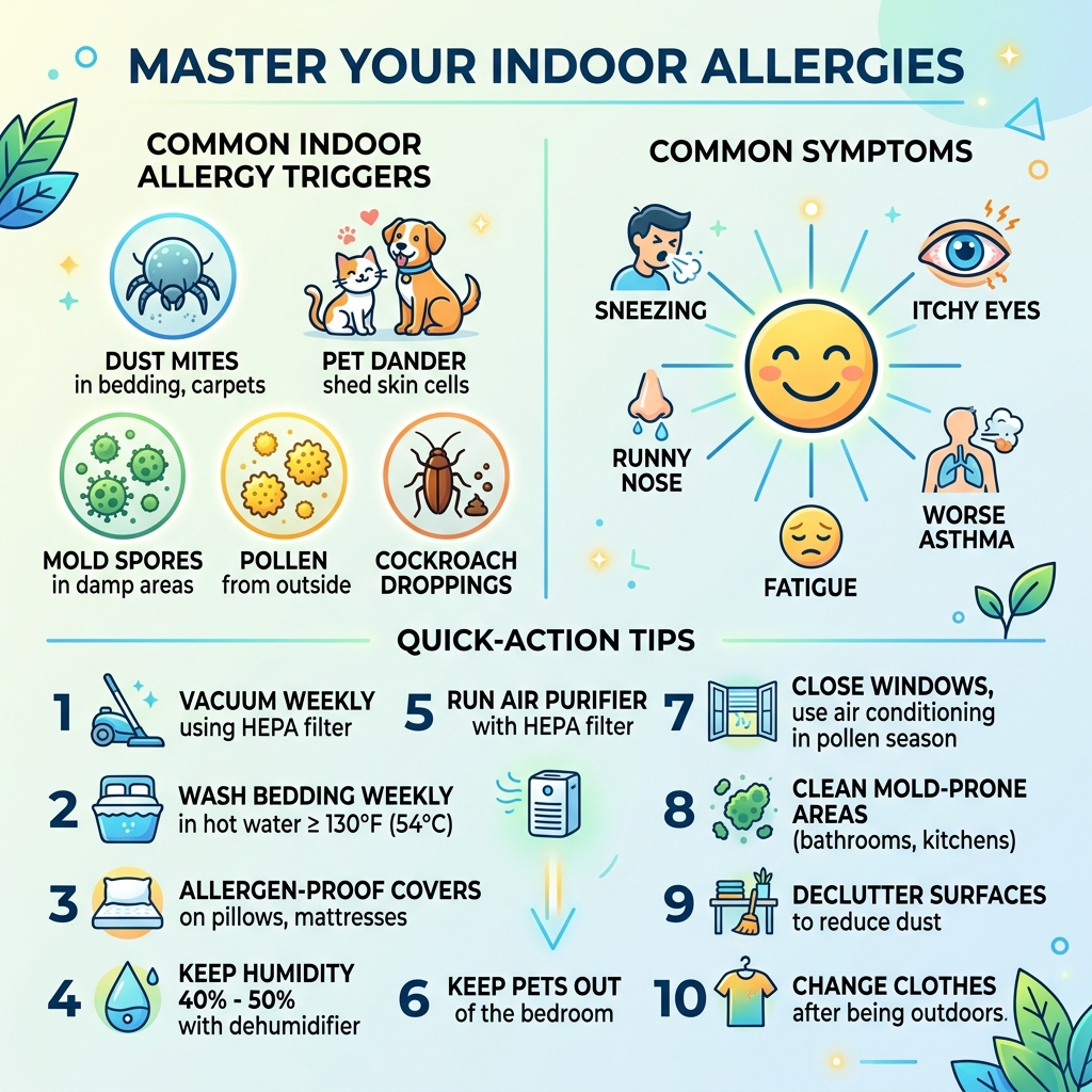common indoor allergy triggers, symptoms, and quick-action tips infographic - how to reduce allergies at home infographic common indoor allergy triggers, symptoms, and quick-action tips infographic - how to reduce allergies at home infographic